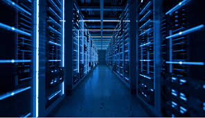Blue-lit data center corridor representing modern infrastructure.